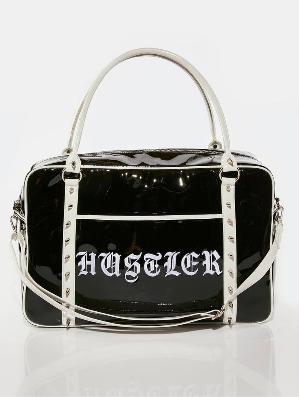 Hustler Hollywood Black Patent Tote with Cream Trim And Spikes